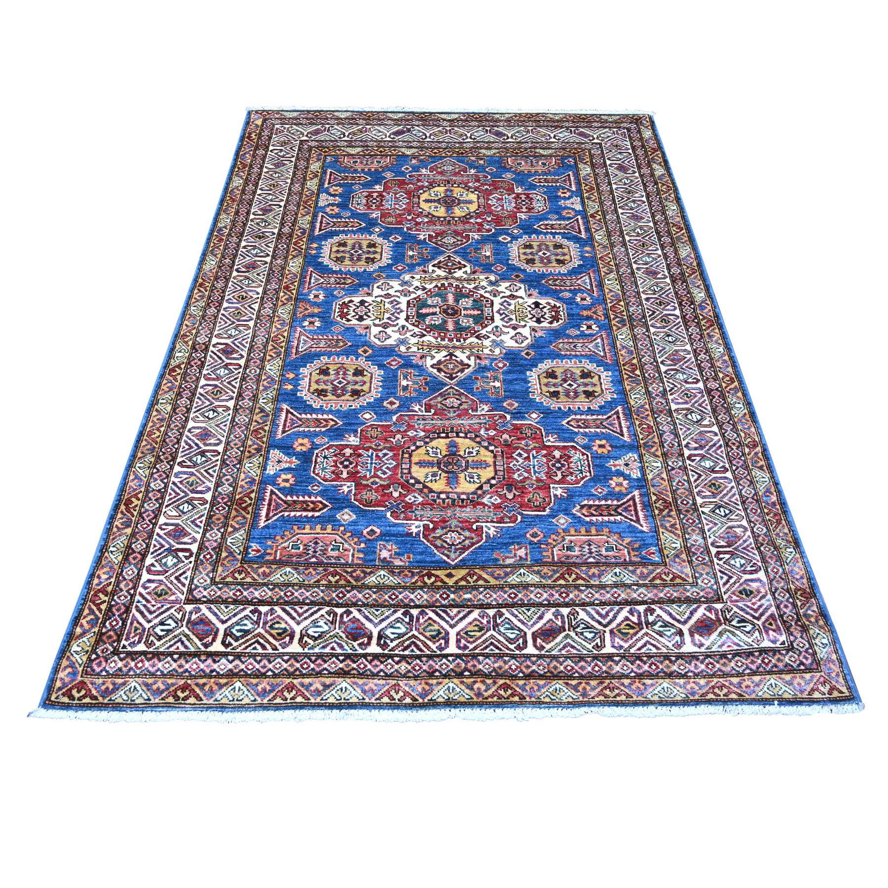 Bayern Blue, Afghan Super Kazak with Tribal Medallions Design, Hand Knotted, Velvety Wool, Vegetable Dyes, Oriental Rug